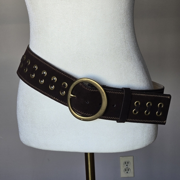 Boho Brown Leather Belt Brass Tone Gromments/Buckle Whipstitch Detailing Size M main image 8